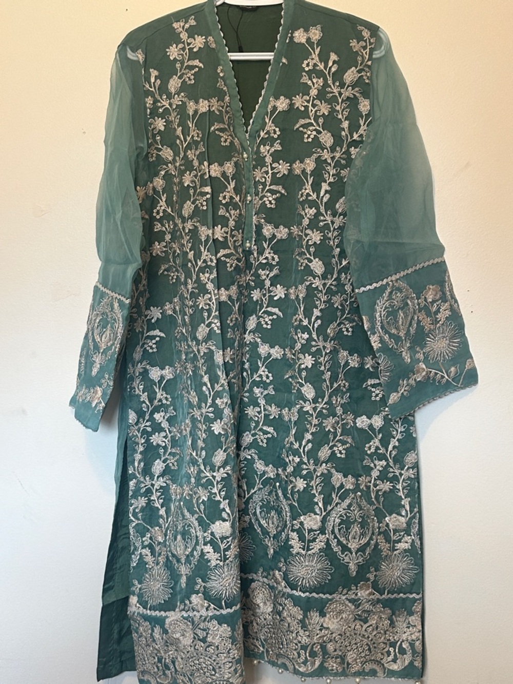 Teal Embroidered Floral Long Dress